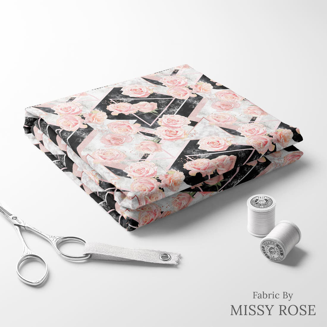 Design 336 Geometric Roses Fabric folded fabric stack with matching thread – pre-order fabric Australia | Fabric by Missy Rose