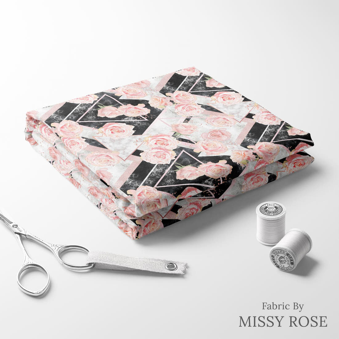 Design 336 Geometric Roses Fabric folded fabric stack with matching thread – pre-order fabric Australia | Fabric by Missy Rose