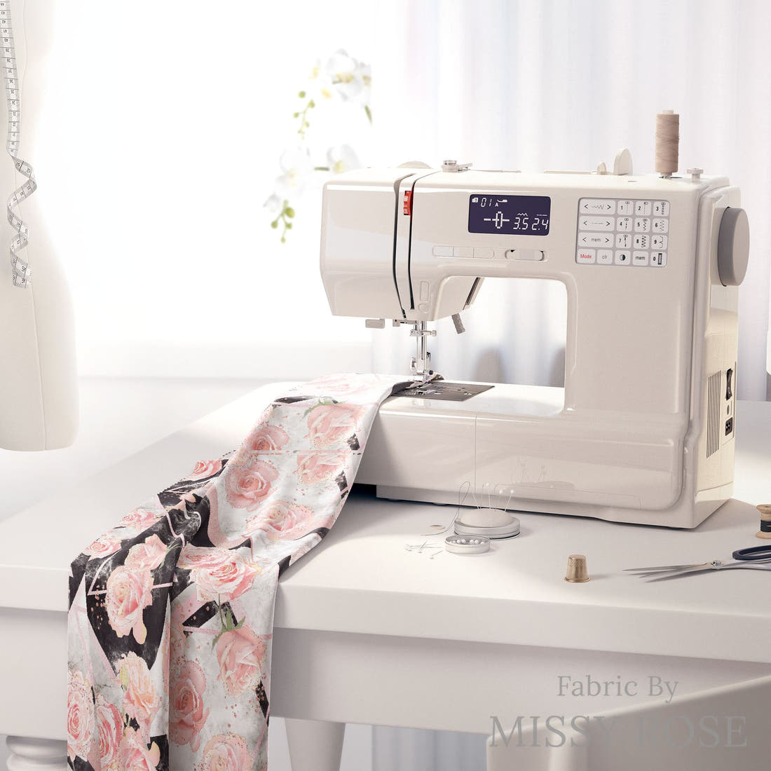 Design 336 Geometric Roses Fabric on a sewing machine – premium fabric for sewing projects | Fabric by Missy Rose