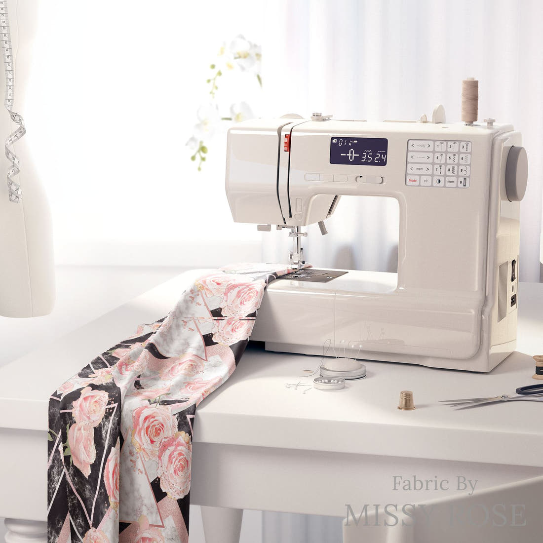 Design 336 Geometric Roses Fabric on a sewing machine – premium fabric for sewing projects | Fabric by Missy Rose