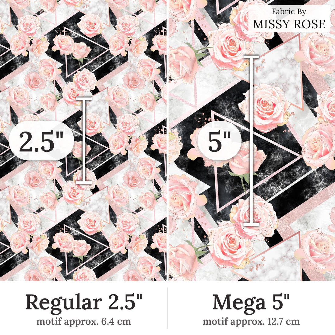 Design 336 Geometric Roses Fabric Regular 2.5 inch vs Mega 5 inch print scale side by side | Fabric by Missy Rose