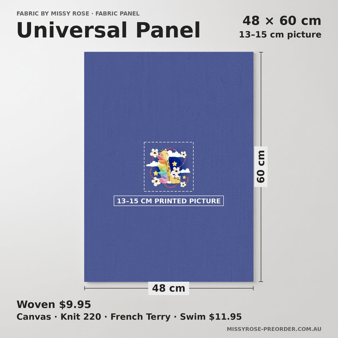 Design 337 Sleepy Giraffe Panel universal panel sizing – 13–15 cm printed picture on 48 × 60 cm fabric | Fabric by Missy Rose