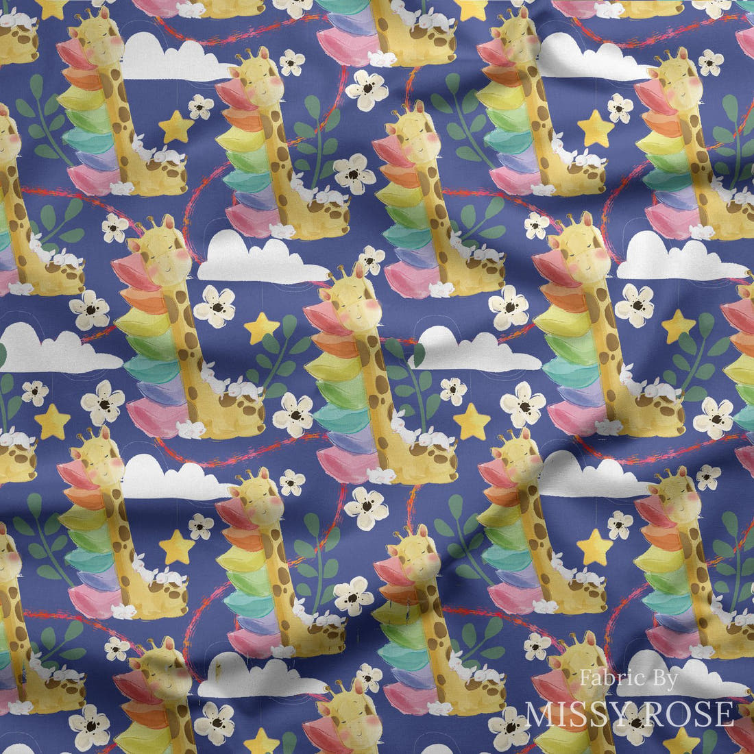 Design 337 Sleepy Giraffe Fabric draped fabric mockup – custom printed fabric by the metre | Fabric by Missy Rose