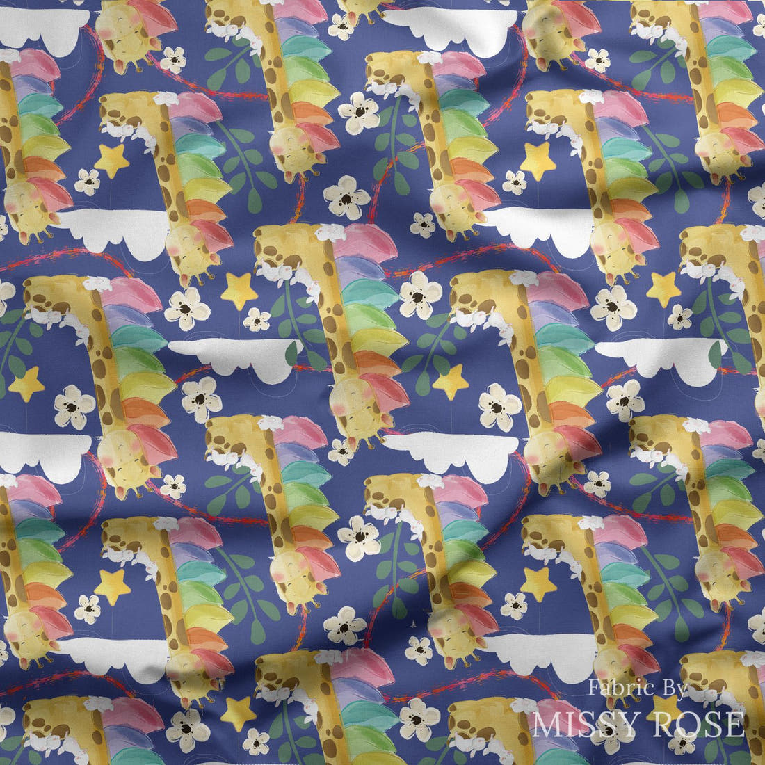 Design 337 Sleepy Giraffe Fabric draped fabric mockup – custom printed fabric by the metre | Fabric by Missy Rose