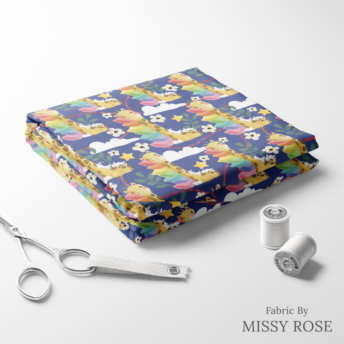 Design 337 Sleepy Giraffe Fabric folded fabric stack with matching thread – pre-order fabric Australia | Fabric by Missy Rose
