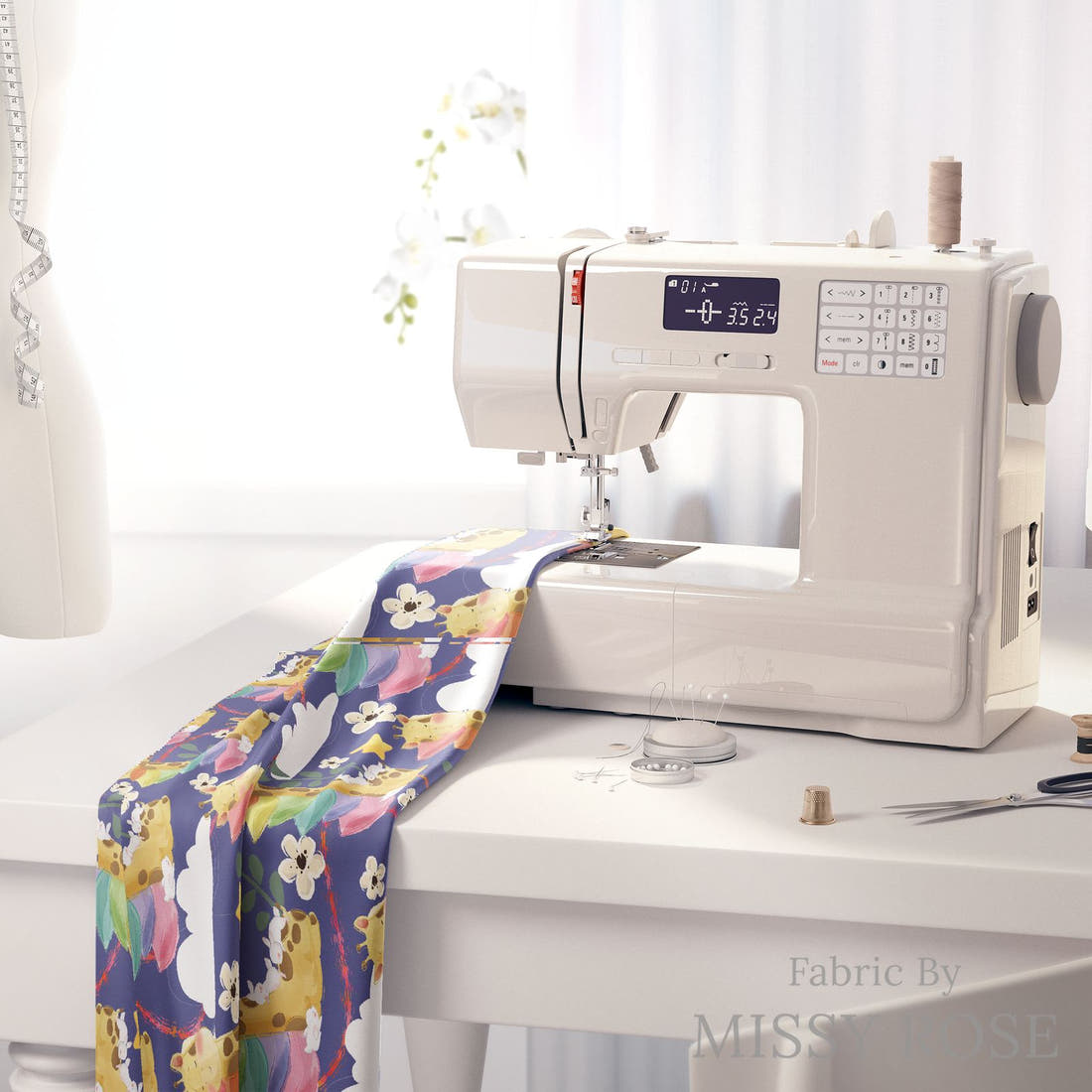 Design 337 Sleepy Giraffe Fabric on a sewing machine – premium fabric for sewing projects | Fabric by Missy Rose