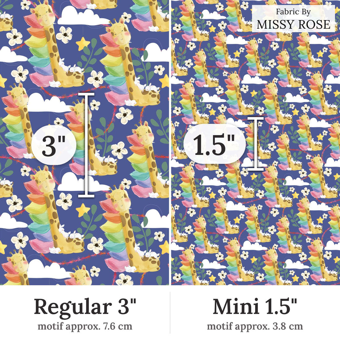 Design 337 Sleepy Giraffe Fabric Regular 3 inch vs Mini 1.5 inch print scale side by side | Fabric by Missy Rose