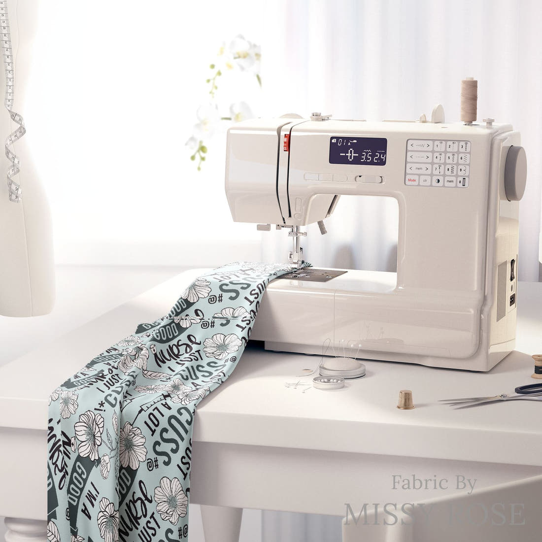 Design 338 Good Nurse Fabric on a sewing machine – premium fabric for sewing projects | Fabric by Missy Rose