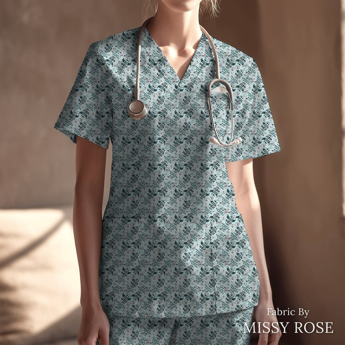 Design 338 Good Nurse Fabric sewn into a scrubs top – see how the print looks made up | Fabric by Missy Rose