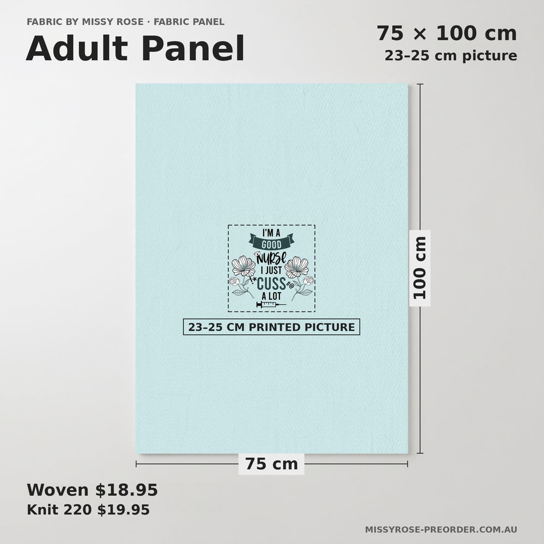 Design 338 Good Nurse Panel adult panel sizing – 23–25 cm printed picture on 75 × 100 cm fabric | Fabric by Missy Rose