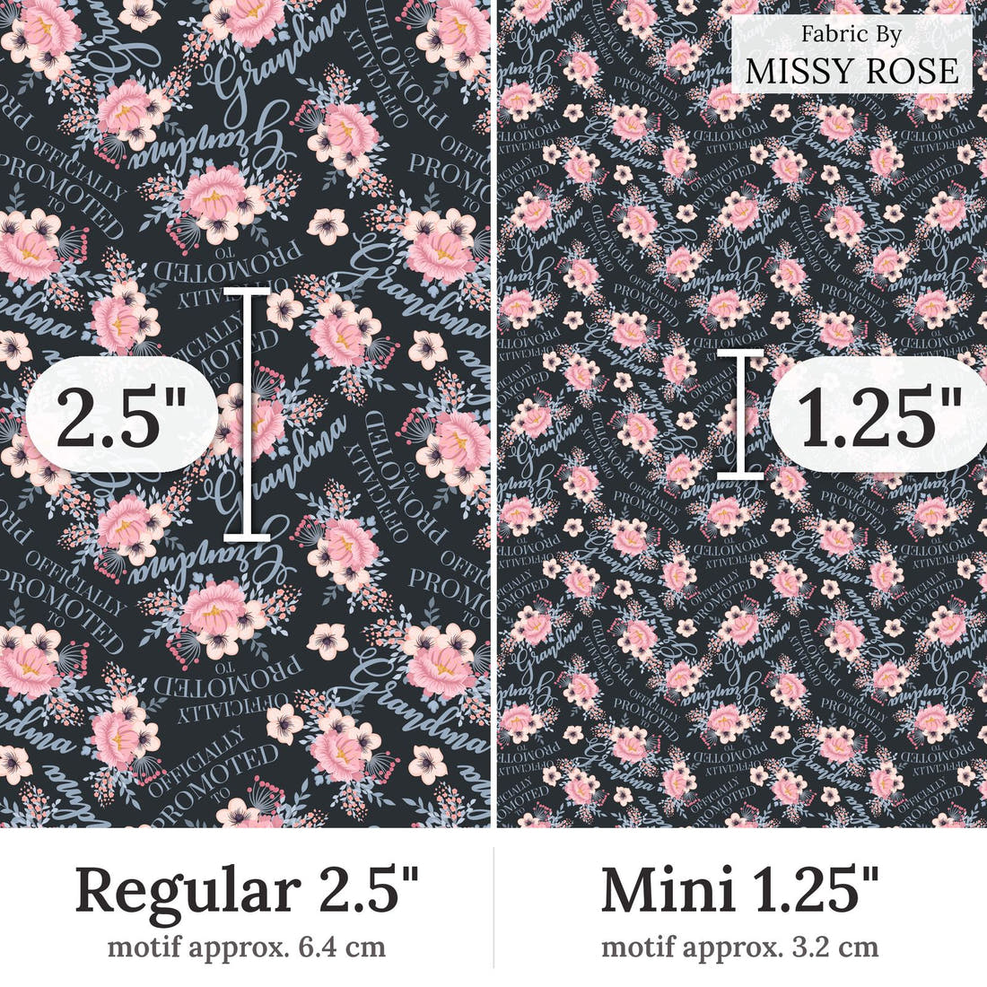 Design 339 Grandma Fabric Regular 2.5 inch vs Mini 1.25 inch print scale side by side | Fabric by Missy Rose