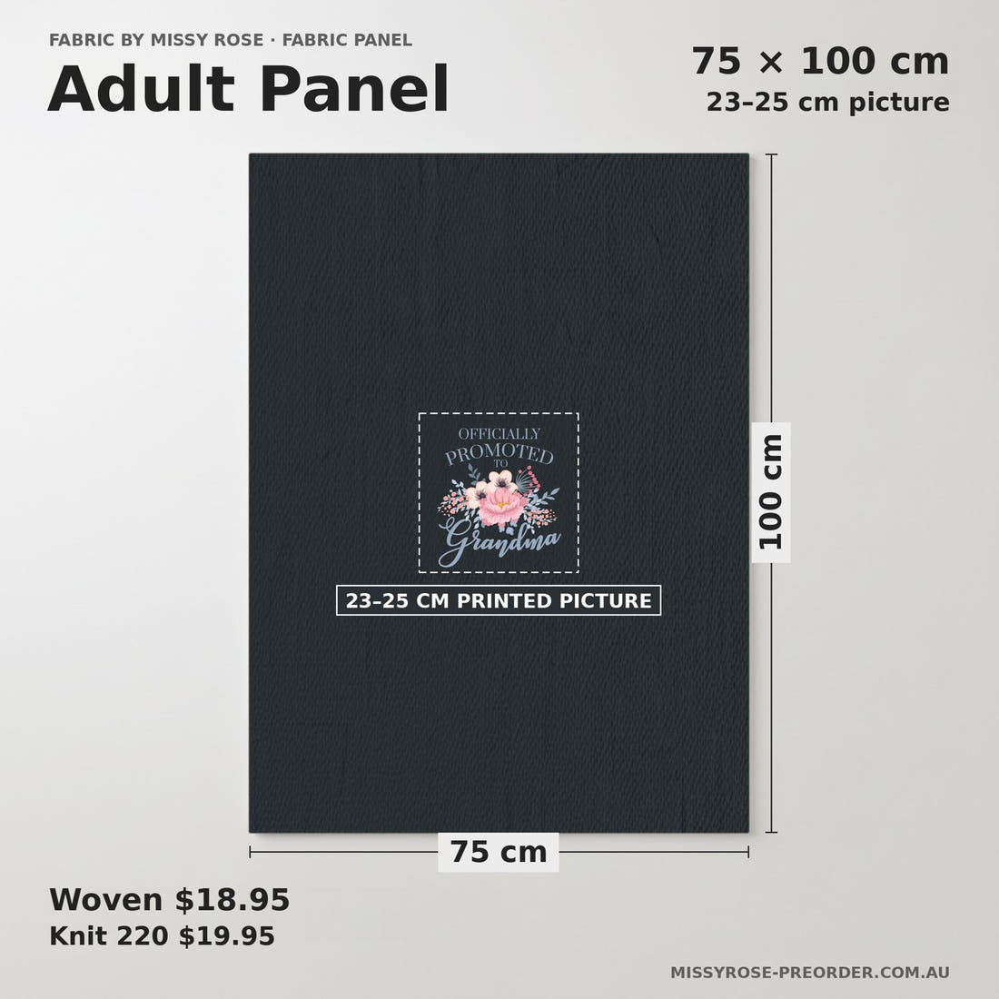 Design 339 Grandma Panel adult panel sizing – 23–25 cm printed picture on 75 × 100 cm fabric | Fabric by Missy Rose