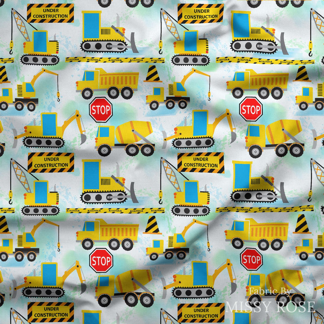 Design 34 Diggers Fabric draped fabric mockup – custom printed fabric by the metre | Fabric by Missy Rose