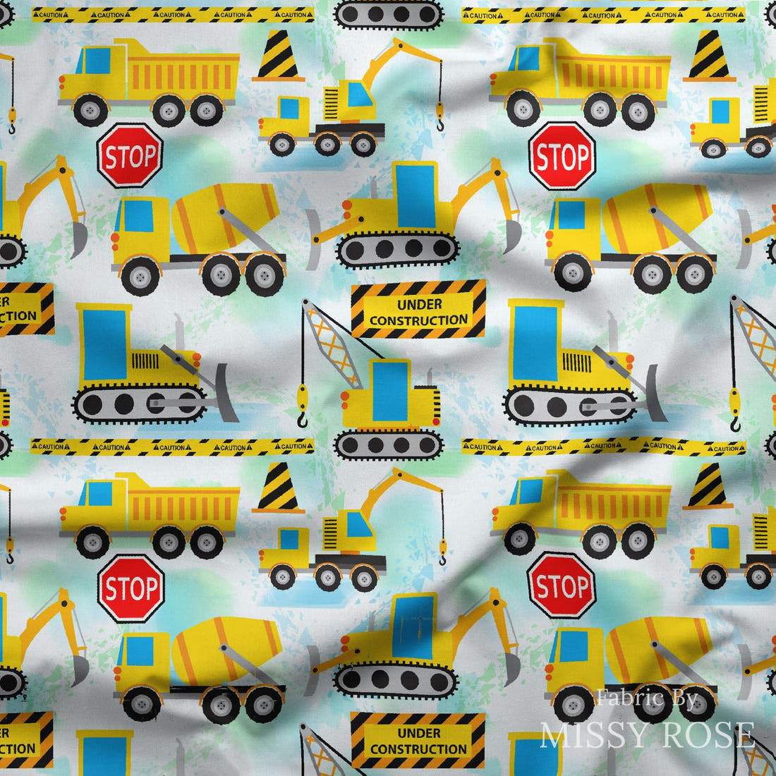 Design 34 Diggers Fabric draped fabric mockup – custom printed fabric by the metre | Fabric by Missy Rose