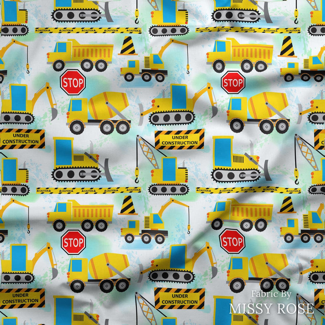 Design 34 Diggers Fabric draped fabric mockup – custom printed fabric by the metre | Fabric by Missy Rose