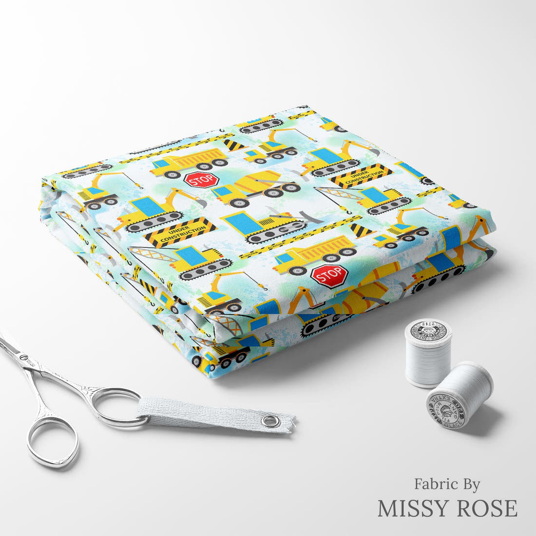 Design 34 Diggers Fabric folded fabric stack with matching thread – pre-order fabric Australia | Fabric by Missy Rose