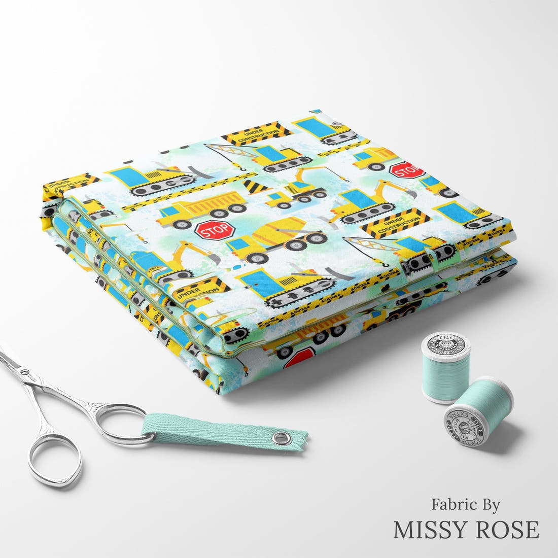 Design 34 Diggers Fabric folded fabric stack with matching thread – pre-order fabric Australia | Fabric by Missy Rose