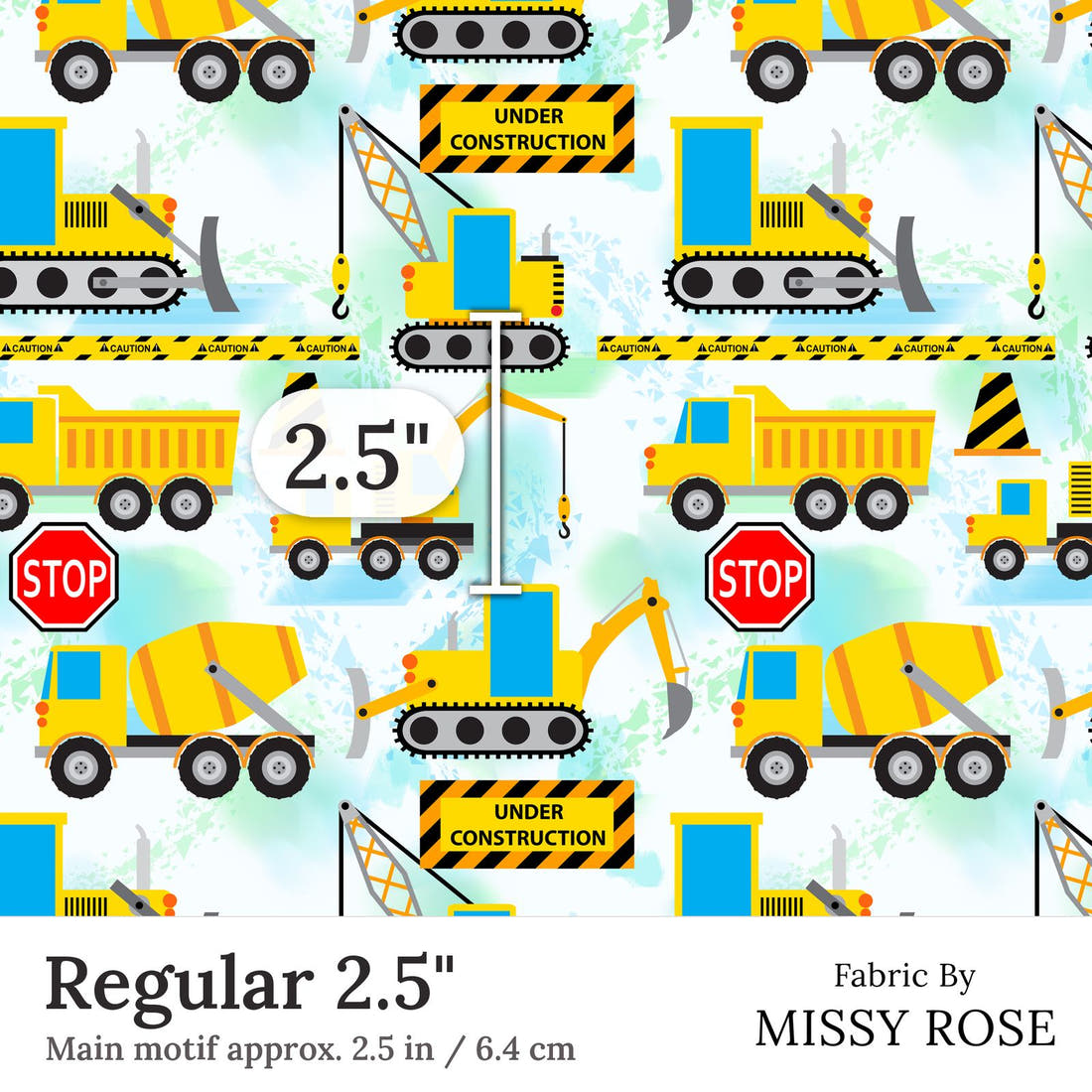 Design 34 Diggers Fabric Regular 2.5 inch print scale guide | Fabric by Missy Rose