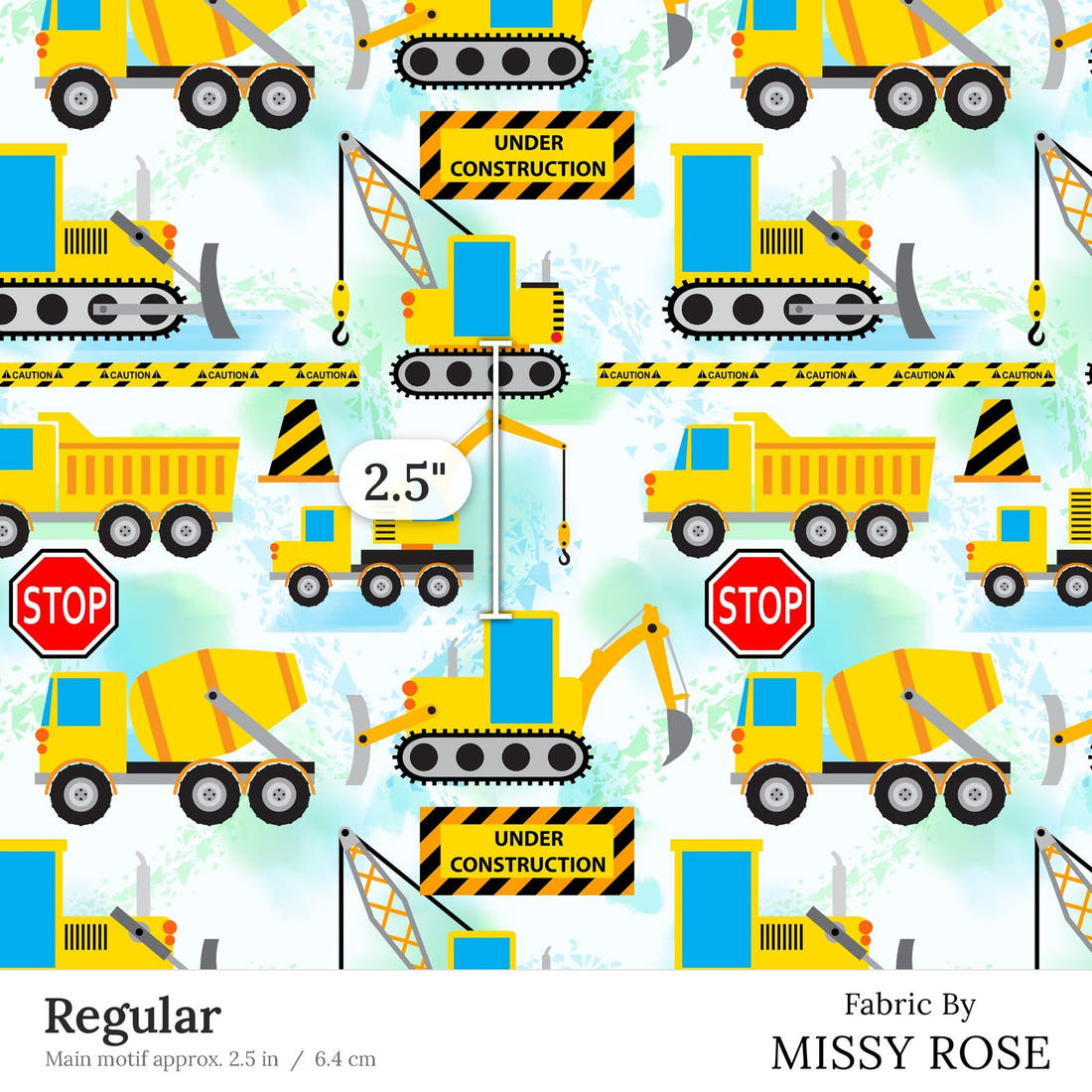 Design 34 Diggers Fabric Regular 2.5 inch print scale guide | Fabric by Missy Rose