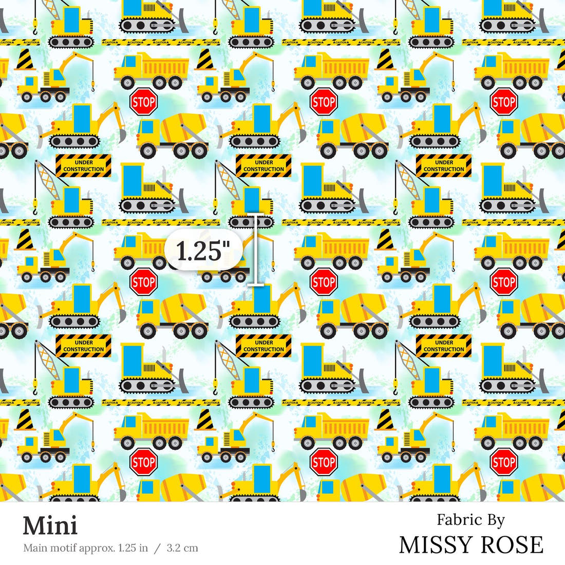 Design 34 Diggers Fabric Mini 1.25 inch print scale guide | Fabric by Missy Rose