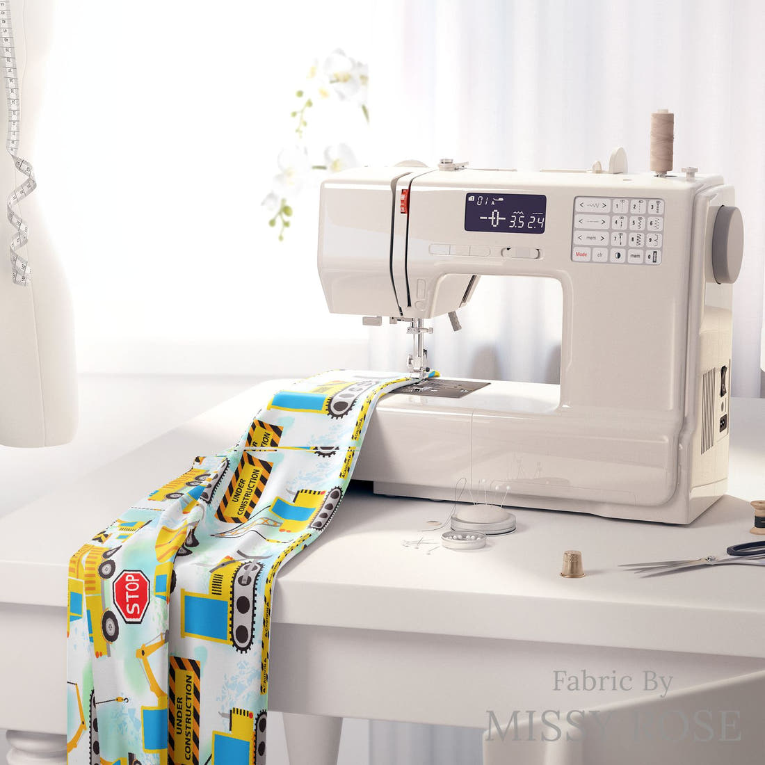 Design 34 Diggers Fabric on a sewing machine – premium fabric for sewing projects | Fabric by Missy Rose
