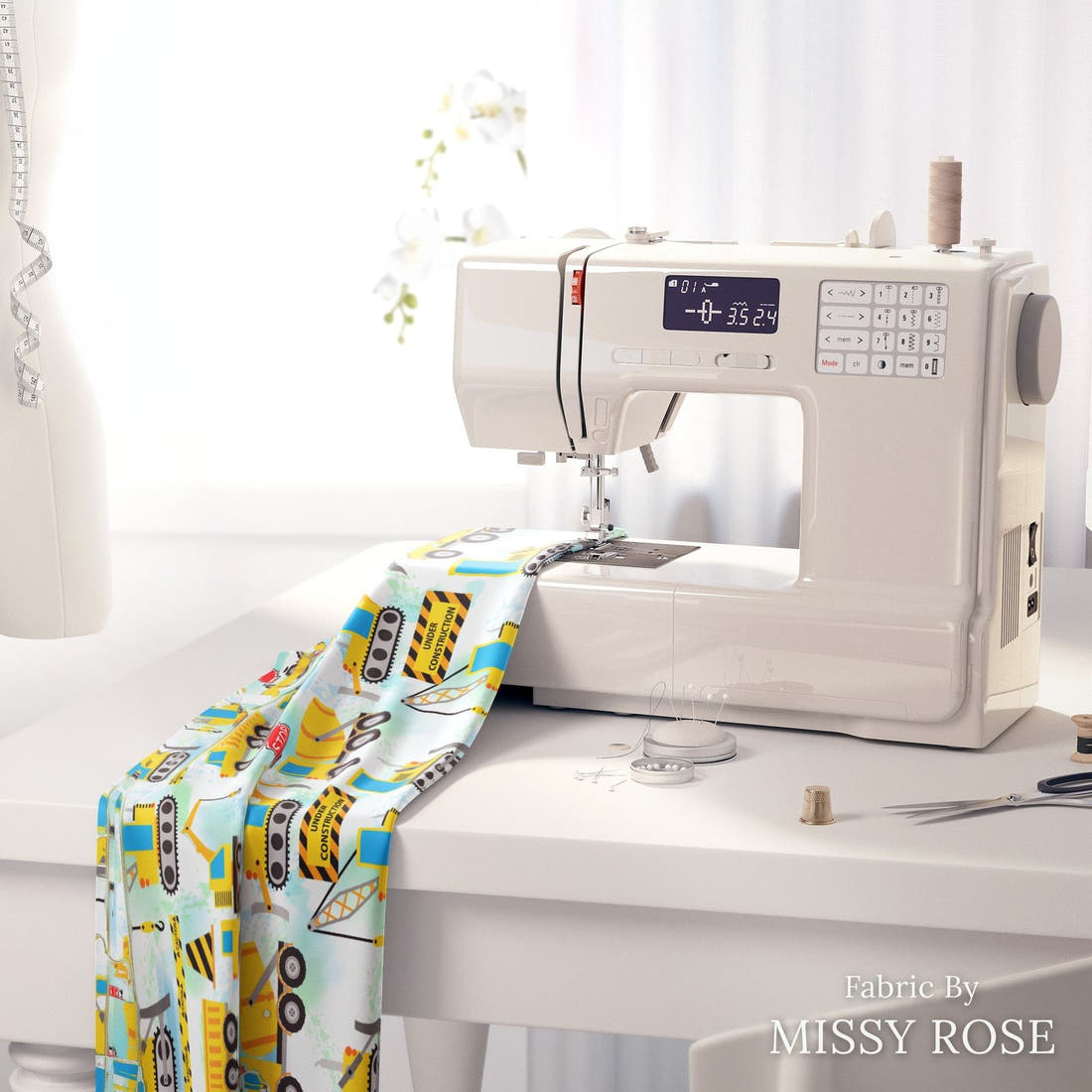 Design 34 Diggers Fabric on a sewing machine – premium fabric for sewing projects | Fabric by Missy Rose