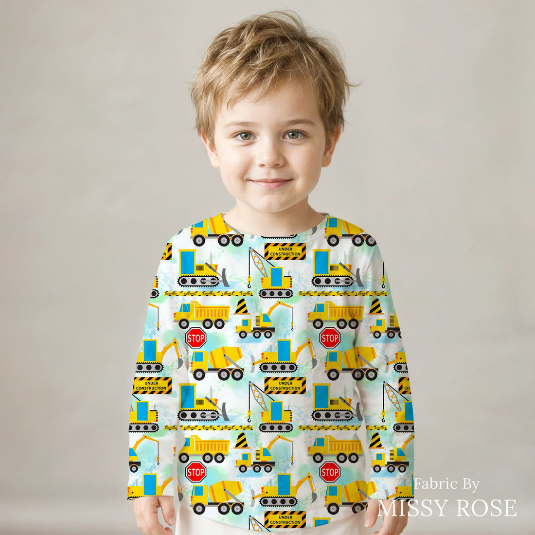 Design 34 Diggers Fabric sewn into a kids' long sleeve top – see how the print looks made up | Fabric by Missy Rose