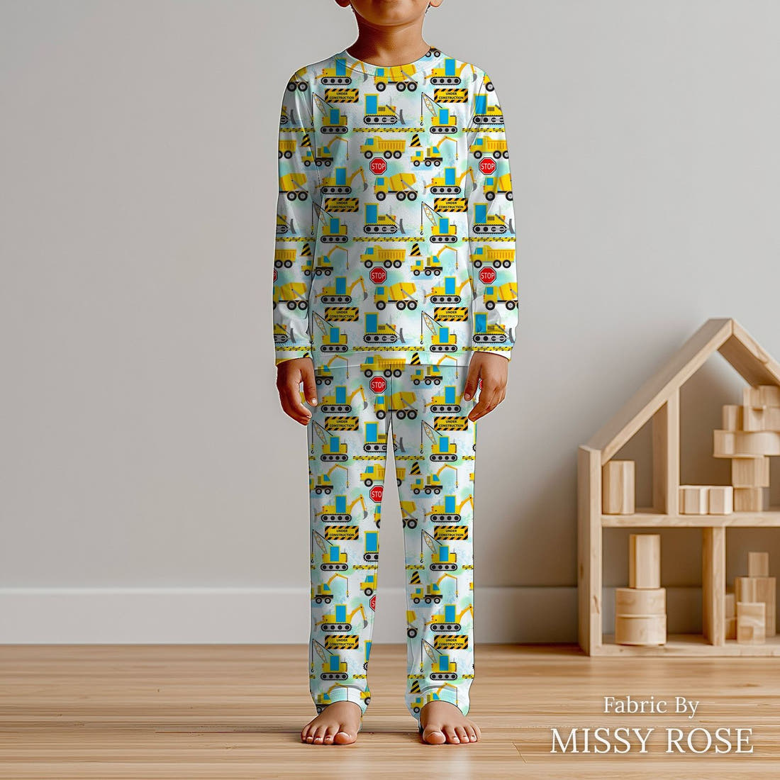 Design 34 Diggers Fabric sewn into kids' pyjamas – see how the print looks made up | Fabric by Missy Rose