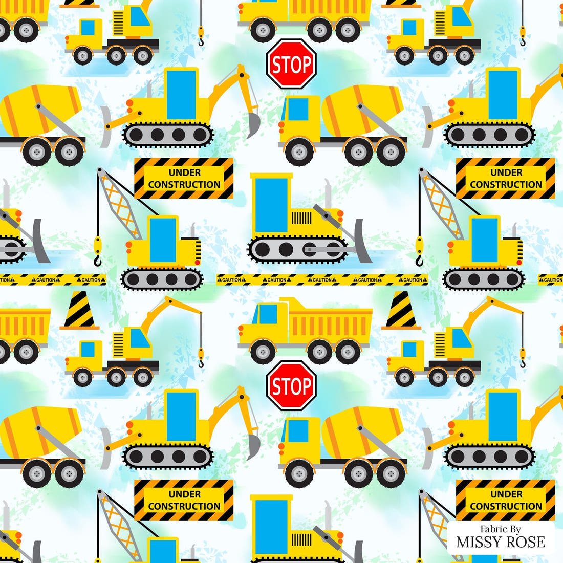 Design 34 Diggers Fabric - flat view of the print, zoom in for detail | Fabric by Missy Rose