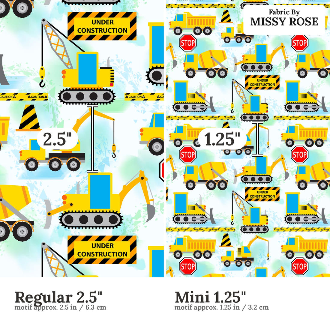 Design 34 Diggers Fabric size comparison - print scale | Fabric by Missy Rose