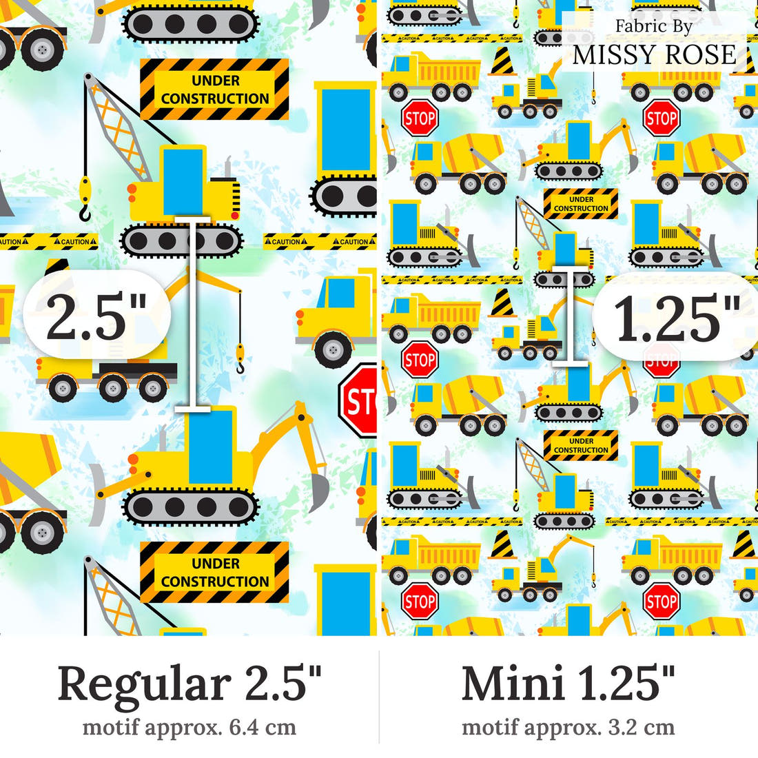 Design 34 Diggers Fabric Regular 2.5 inch vs Mini 1.25 inch print scale side by side | Fabric by Missy Rose
