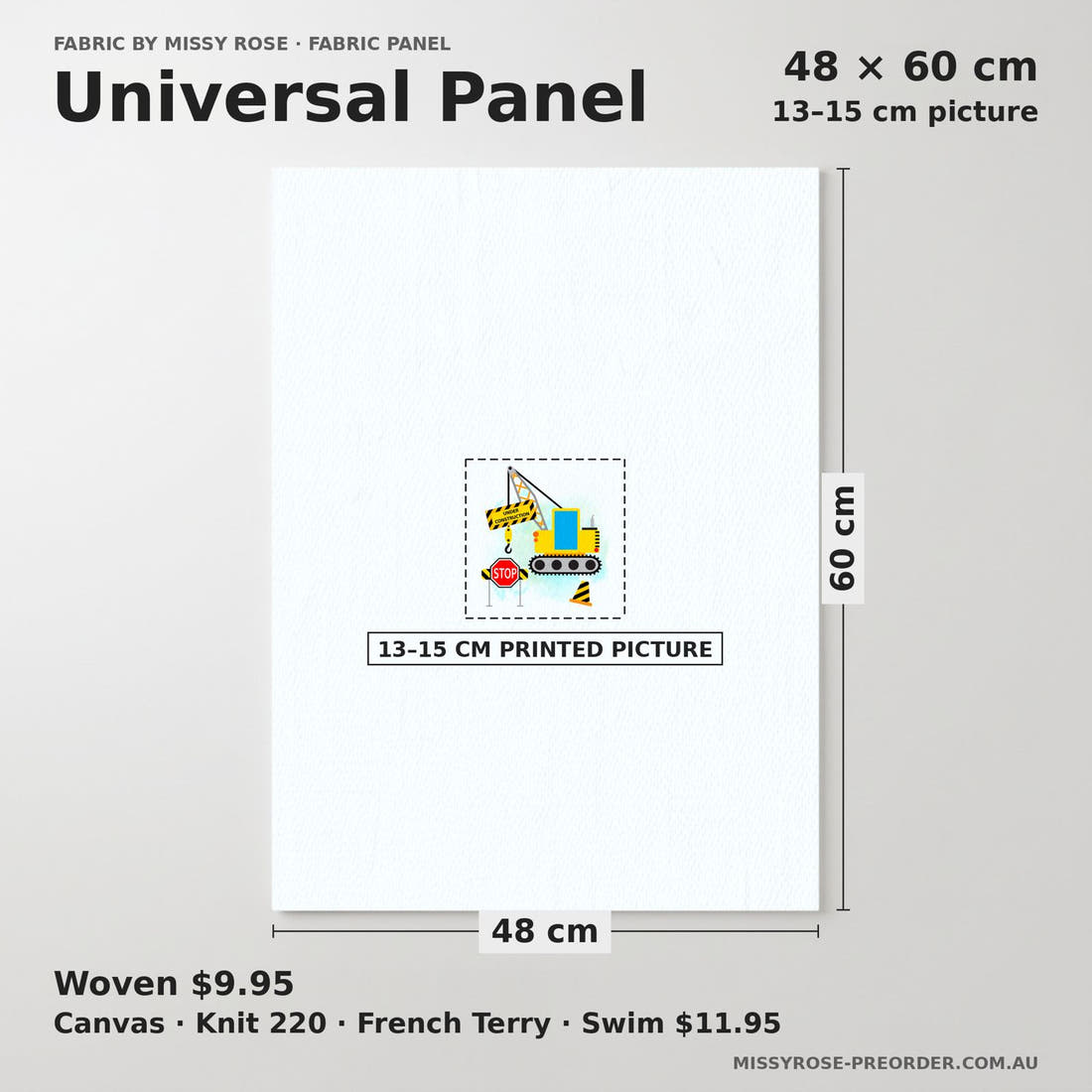 Design 34 Diggers Panel universal panel sizing – 13–15 cm printed picture on 48 × 60 cm fabric | Fabric by Missy Rose