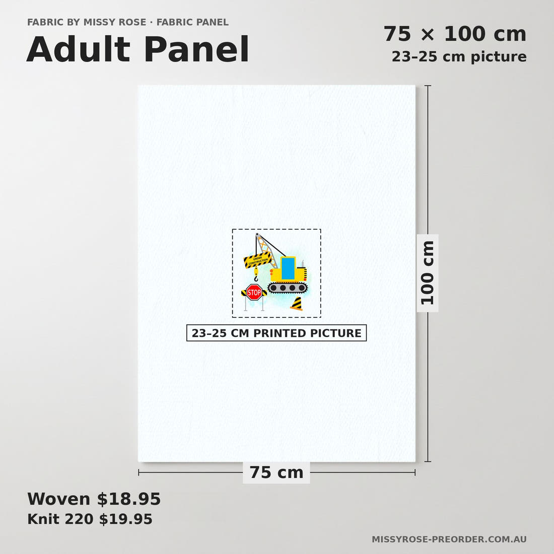 Design 34 Diggers Panel adult panel sizing – 23–25 cm printed picture on 75 × 100 cm fabric | Fabric by Missy Rose