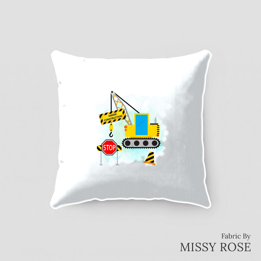 Design 34 Diggers Panel sewn into a cushion – see how the panel looks made up | Fabric by Missy Rose