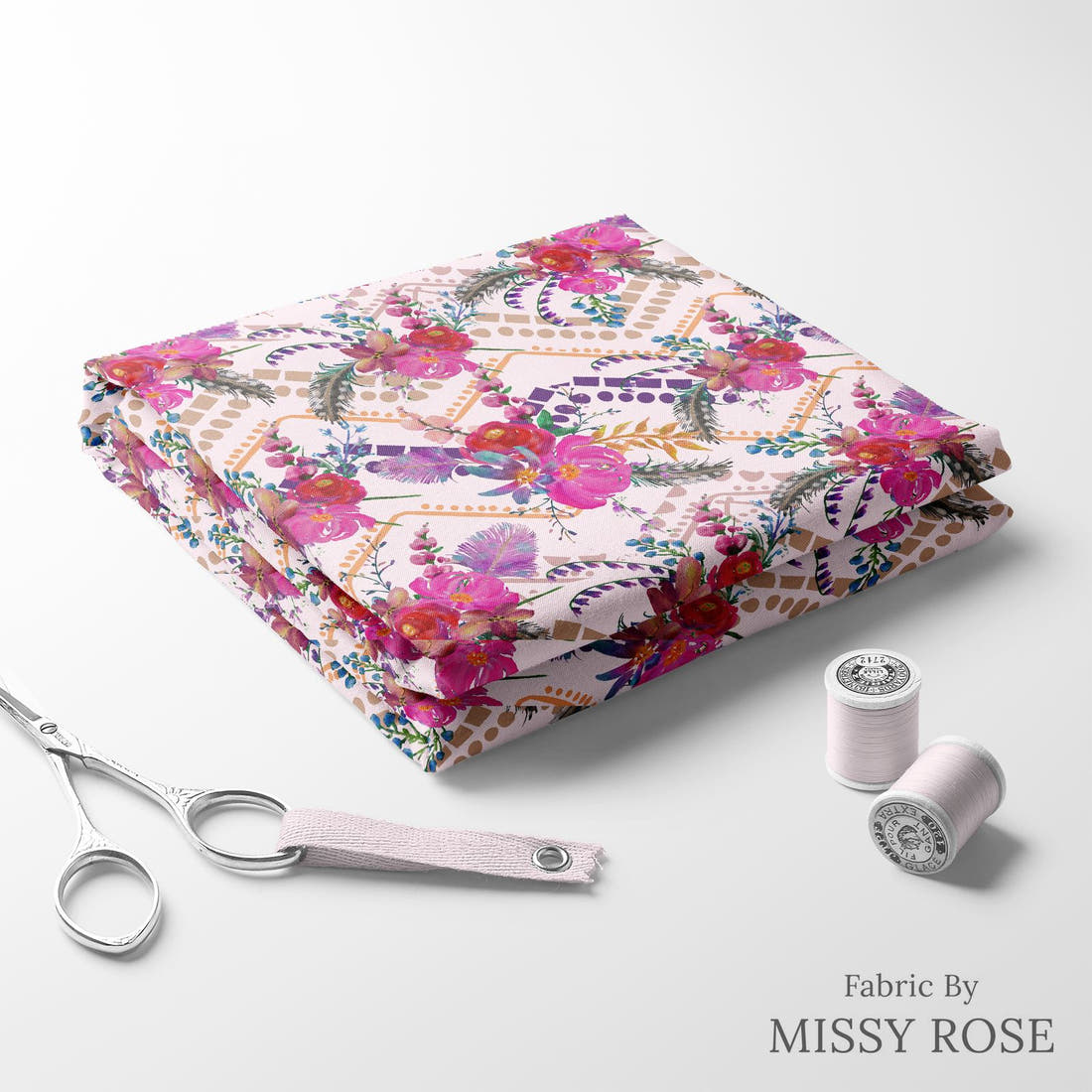 Design 340 Gypsy Floral Fabric folded fabric stack with matching thread – pre-order fabric Australia | Fabric by Missy Rose