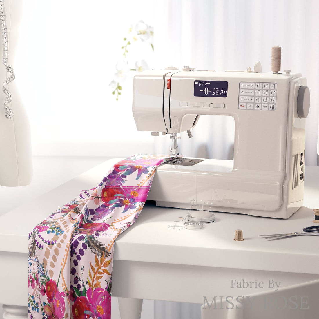 Design 340 Gypsy Floral Fabric on a sewing machine – premium fabric for sewing projects | Fabric by Missy Rose