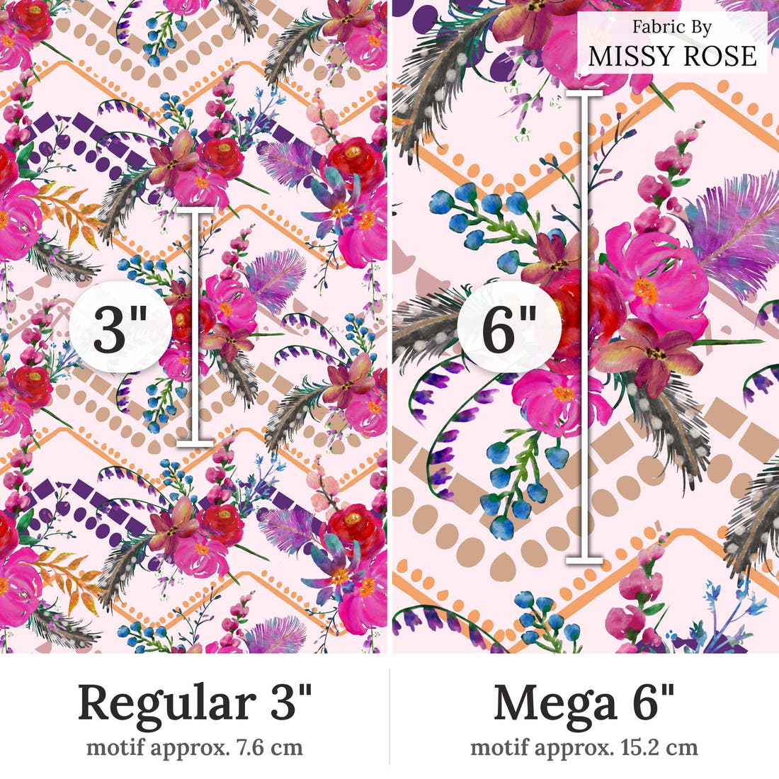 Design 340 Gypsy Floral Fabric Regular 3 inch vs Mega 6 inch print scale side by side | Fabric by Missy Rose