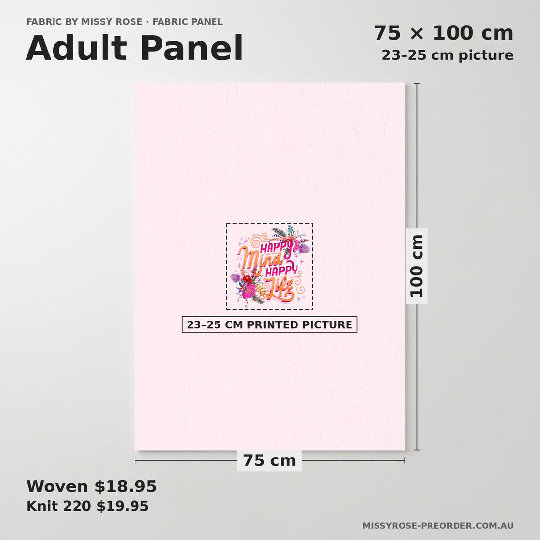 Design 340 Gypsy Floral Panel adult panel sizing – 23–25 cm printed picture on 75 × 100 cm fabric | Fabric by Missy Rose