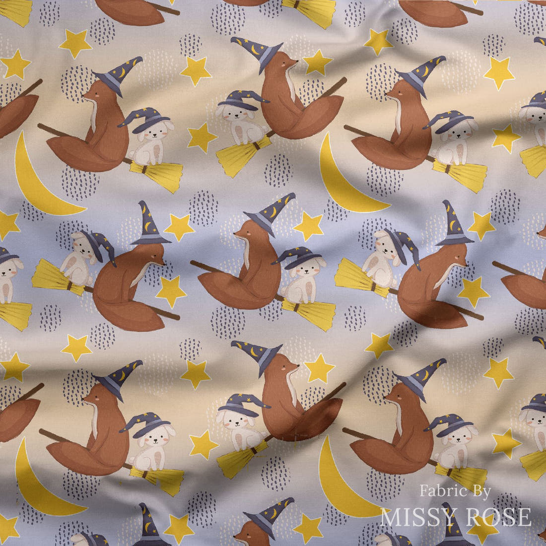 Design 341 Broomestick Animals Fabric draped fabric mockup – custom printed fabric by the metre | Fabric by Missy Rose