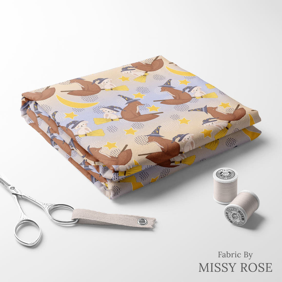 Design 341 Broomestick Animals Fabric folded fabric stack with matching thread – pre-order fabric Australia | Fabric by Missy Rose