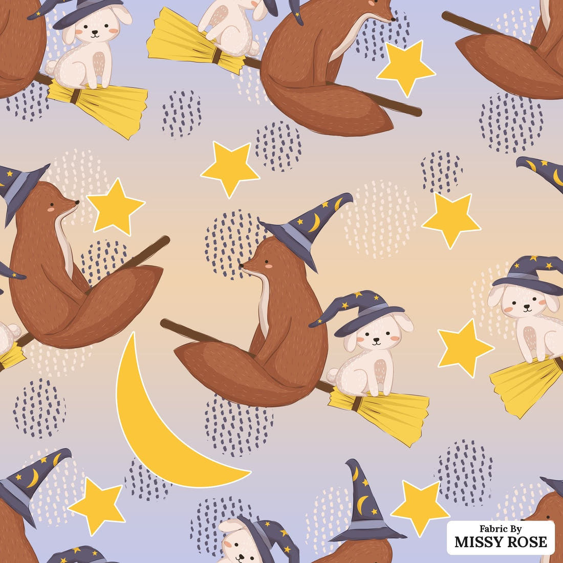 Design 341 Broomestick Animals Fabric - flat view of the print, zoom in for detail | Fabric by Missy Rose