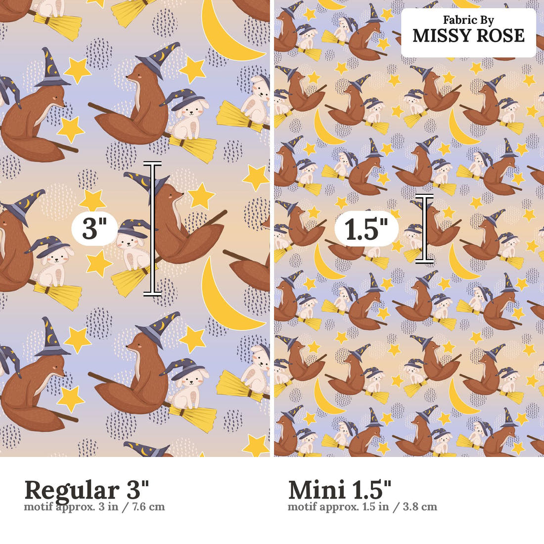 Design 341 Broomestick Animals Fabric size comparison - print scale | Fabric by Missy Rose