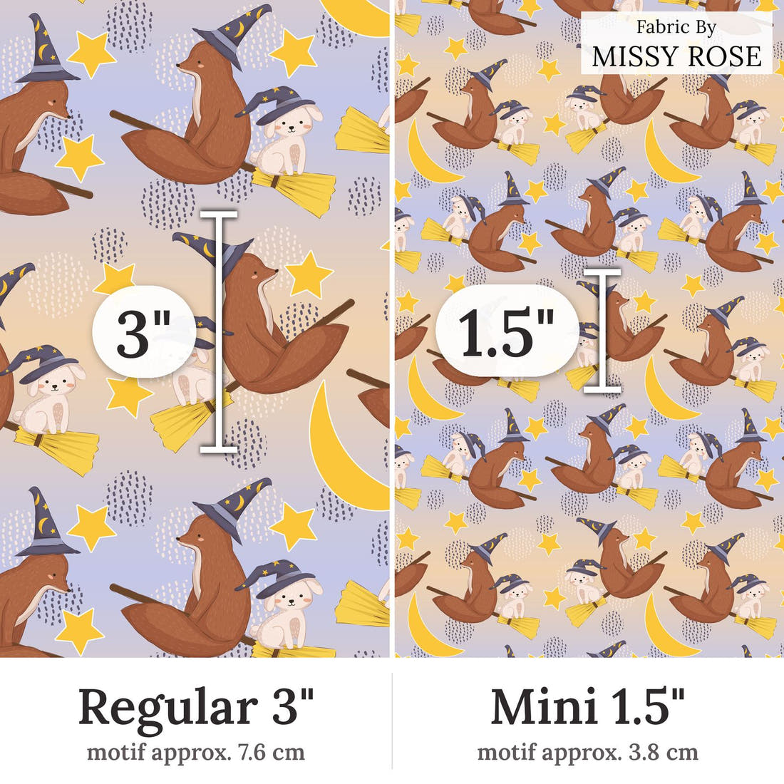 Design 341 Broomestick Animals Fabric Regular 3 inch vs Mini 1.5 inch print scale side by side | Fabric by Missy Rose