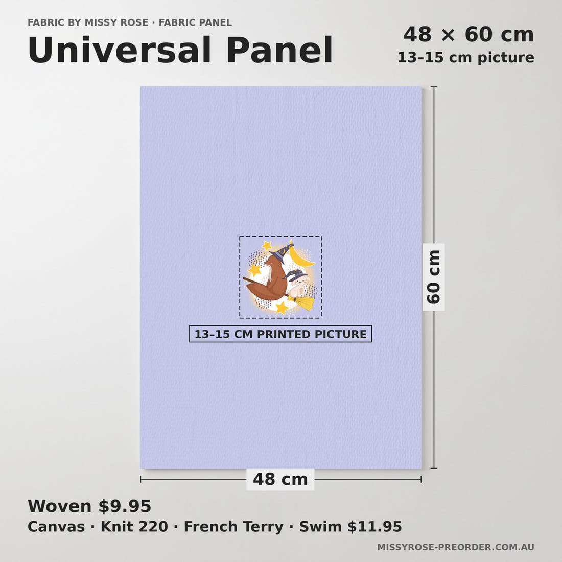 Design 341 Broomestick Animals Panel universal panel sizing – 13–15 cm printed picture on 48 × 60 cm fabric | Fabric by Missy Rose
