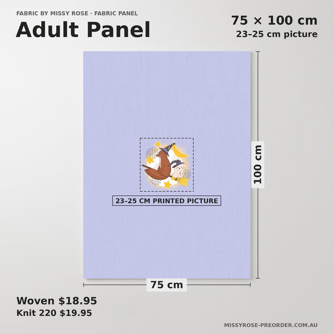 Design 341 Broomestick Animals Panel adult panel sizing – 23–25 cm printed picture on 75 × 100 cm fabric | Fabric by Missy Rose