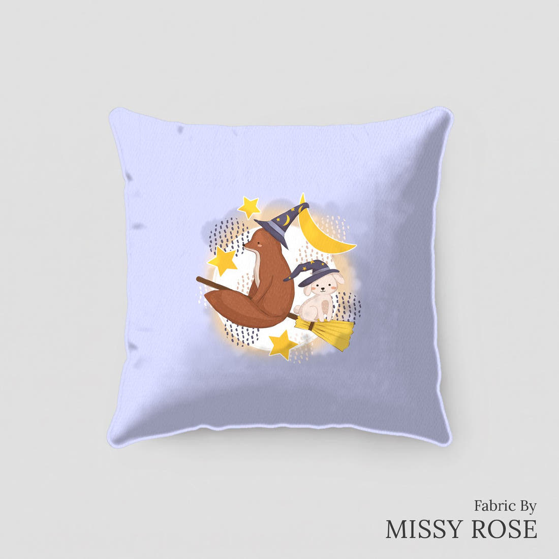 Design 341 Broomestick Animals Panel sewn into a cushion – see how the panel looks made up | Fabric by Missy Rose