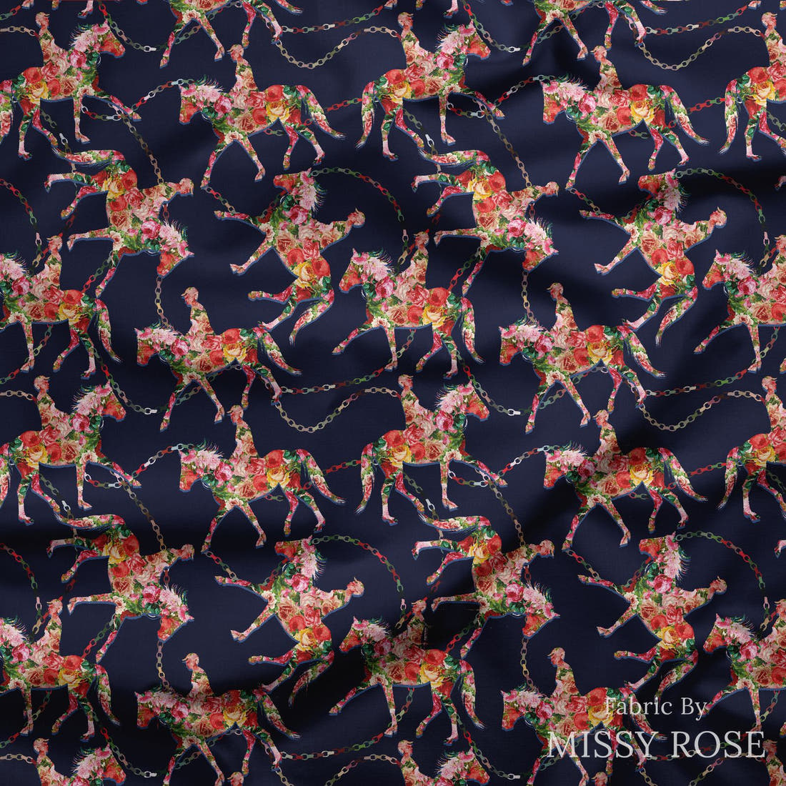 Design 342 Navy Horse Fabric draped fabric mockup – custom printed fabric by the metre | Fabric by Missy Rose