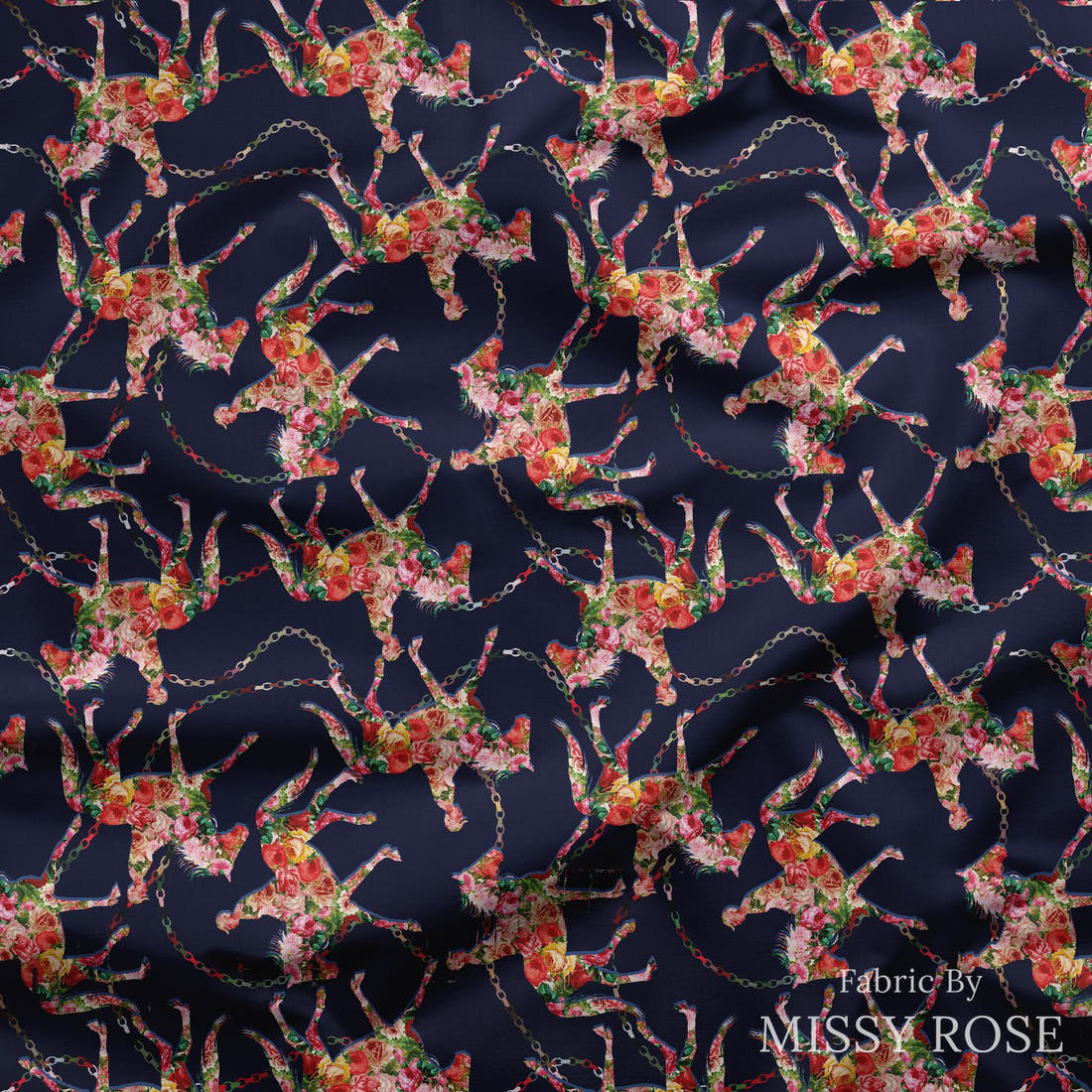 Design 342 Navy Horse Fabric draped fabric mockup – custom printed fabric by the metre | Fabric by Missy Rose