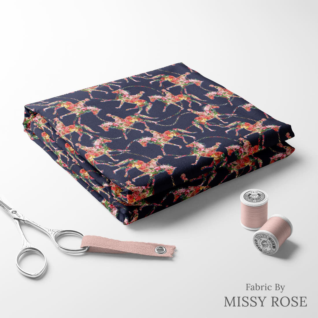 Design 342 Navy Horse Fabric folded fabric stack with matching thread – pre-order fabric Australia | Fabric by Missy Rose