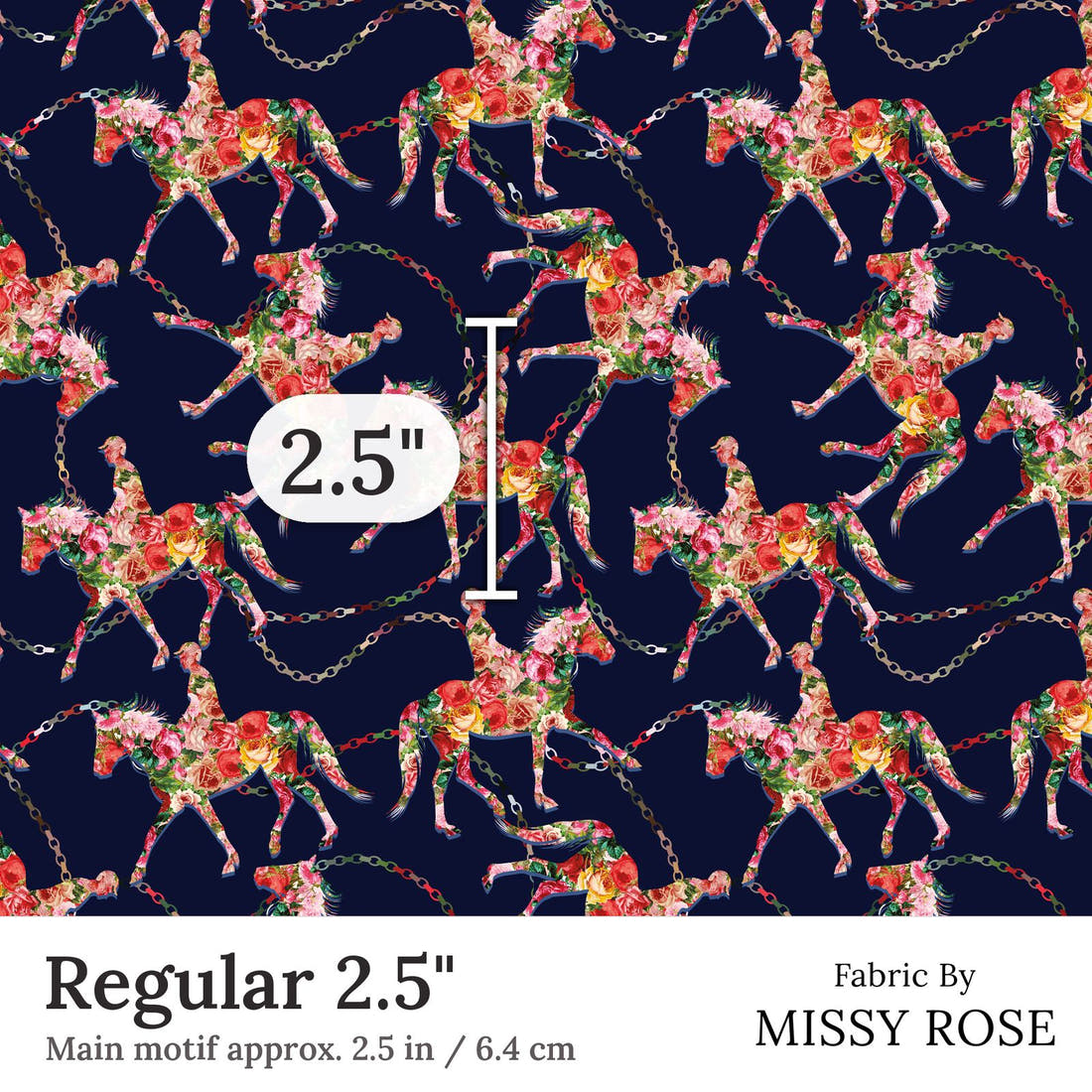 Design 342 Navy Horse Fabric Regular 2.5 inch print scale guide | Fabric by Missy Rose